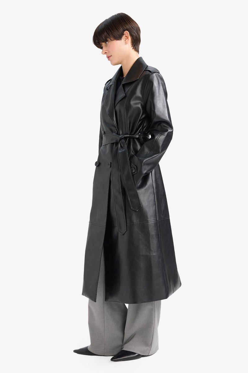 DeFacto Black Woman Regular Fit Faux Leather Trenchcoat Casual - Image 2